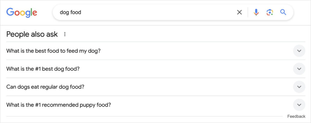 Google PAA section shows questions related to the query dog food.