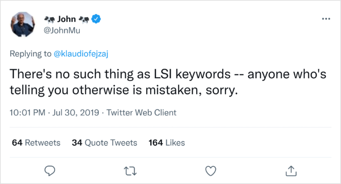 John Mueller tweet saying there's no such thing as LSI keywords.