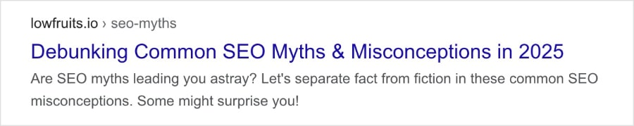 Google SERP Snippet SERP snippet of SEO myths and SEO misconceptions blog.