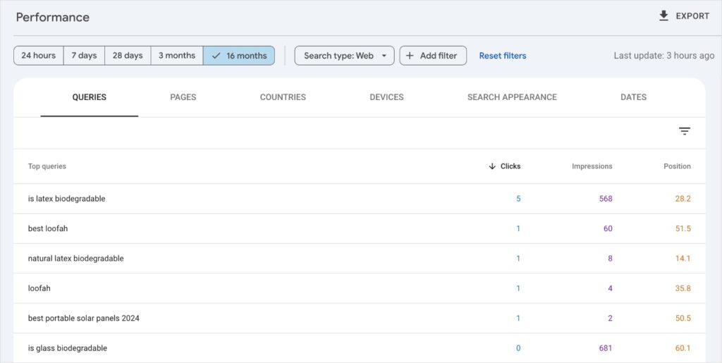 Performance report in Google Search Console shows queries and keyword metrics.