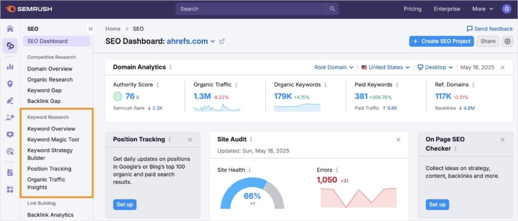 Semrush dashboard with keyword research menu.