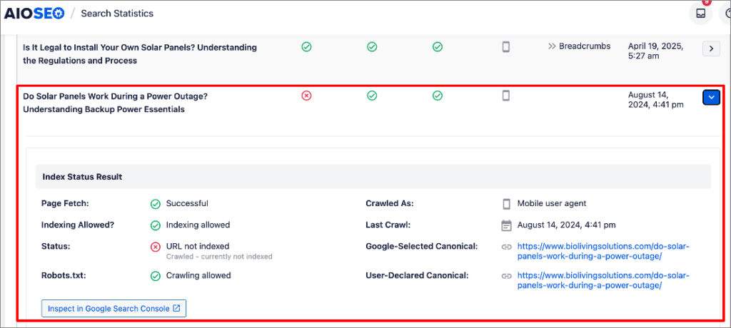 AIOSEO Search Statistics WordPress Search Statistics shows if a post was indexed and crawled.